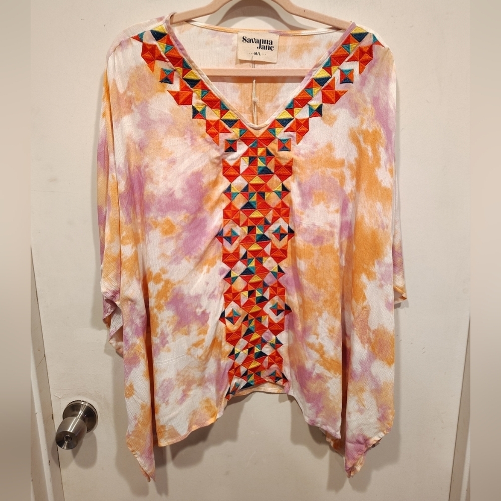 Savanna Jane NWT Colorful Embroidered Poncho Caftan Top Sz M/L Festival -Flawed